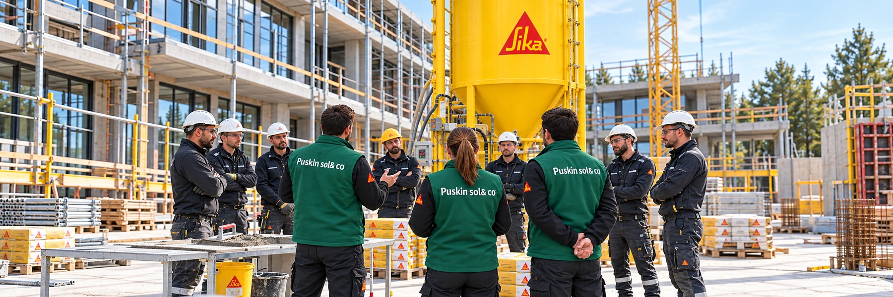 Echipa Puskin sol&co într-o demonstrație tehnică pe șantier, alături de un siloz Sika