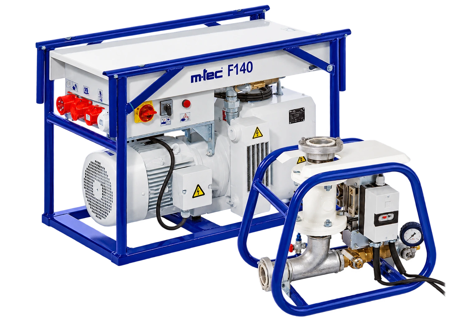 m-tec F140 în culorile originale, pe fundal galben: compresor și bloc de transport pneumatic