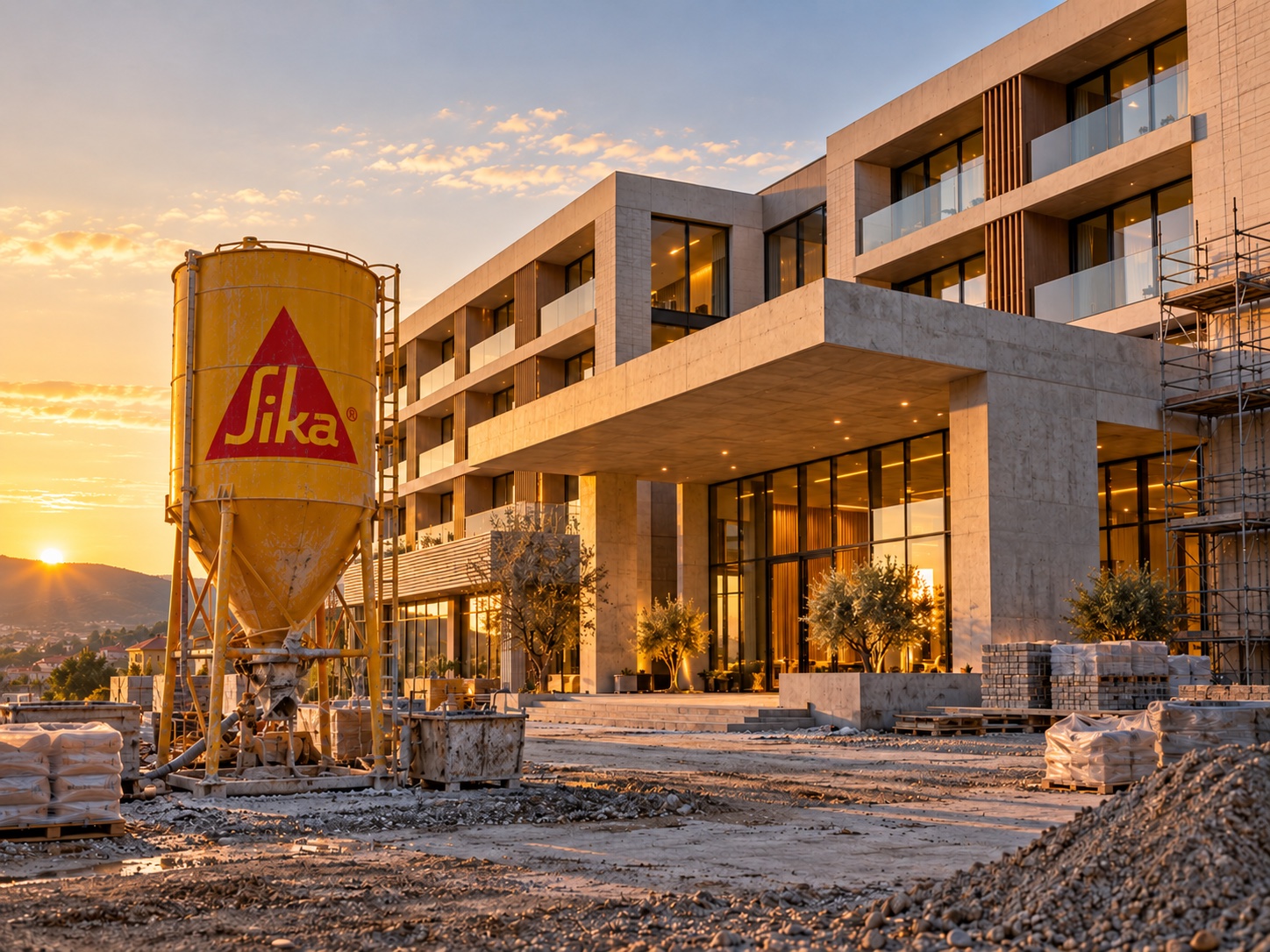 Ilustrație conceptuală: construcție hotelieră cu siloz, nu o fotografie a hotelului Ramada Zalău