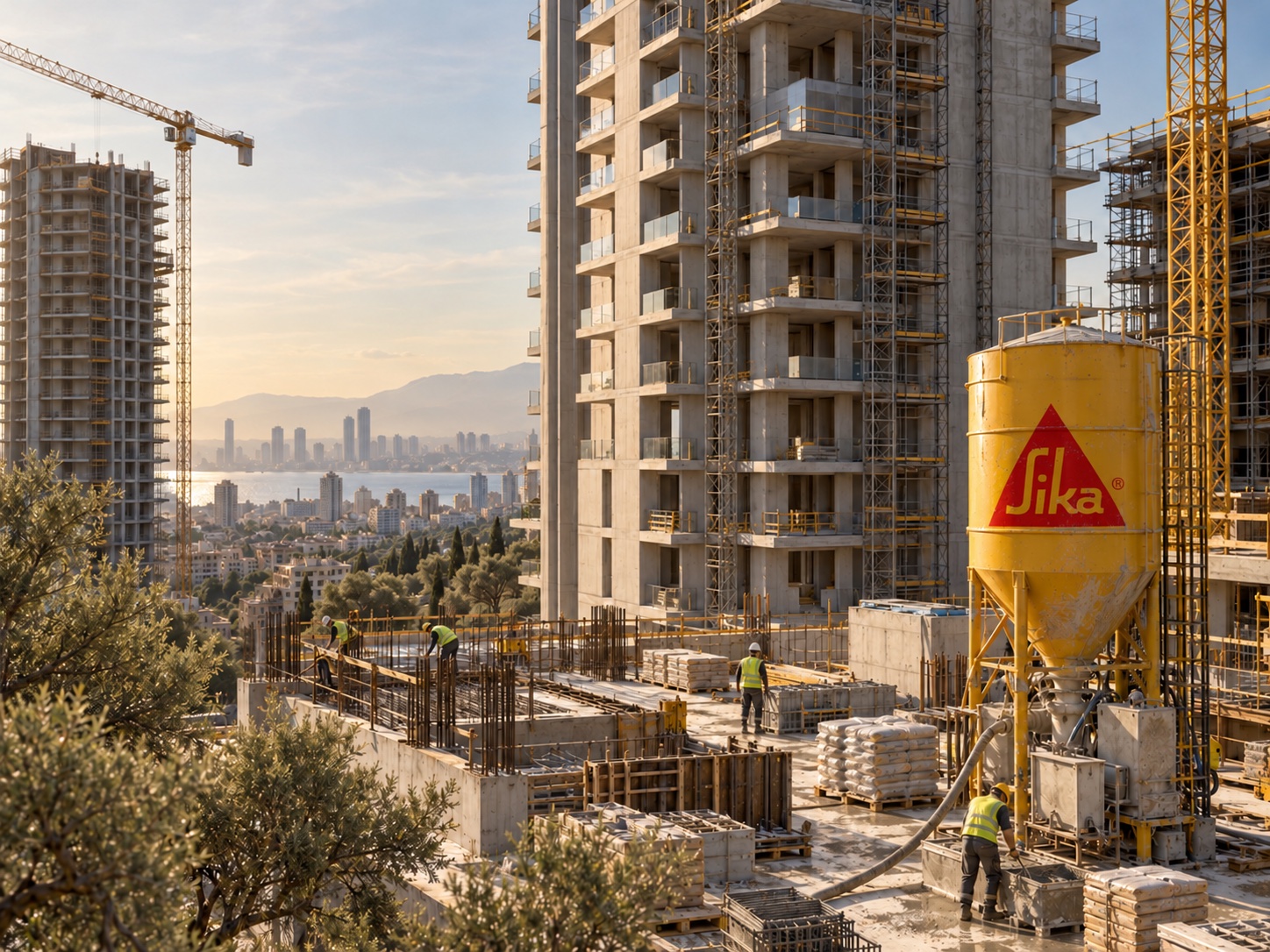 Ilustrație conceptuală: turnuri rezidențiale în construcție și siloz, nu o fotografie a proiectului Poitiers Towers
