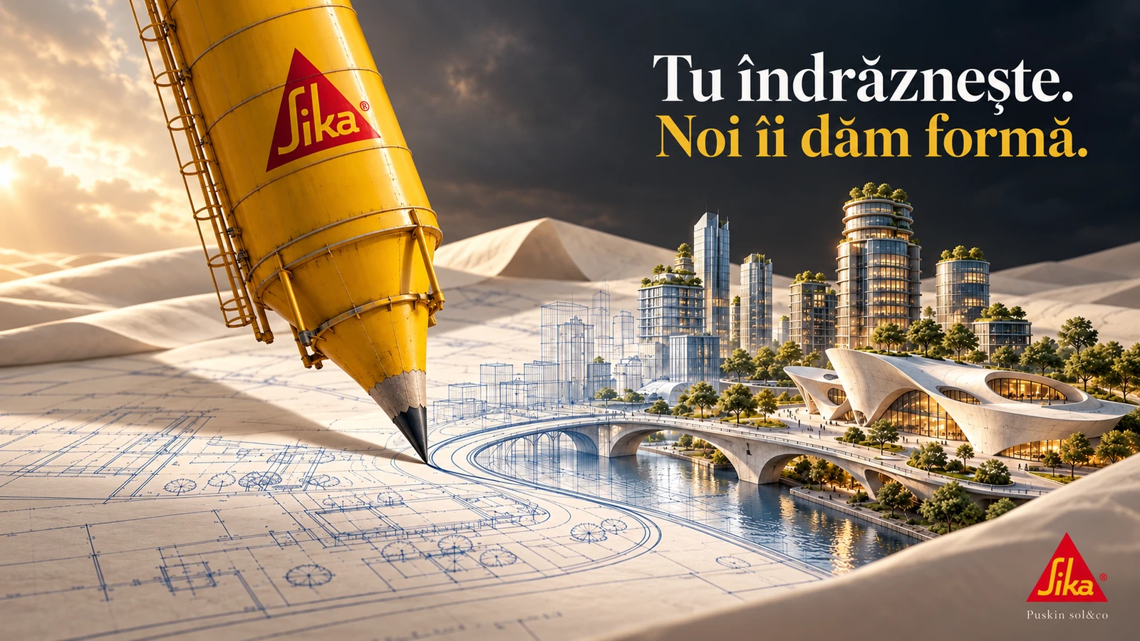 Viziunea Puskin sol&co: un siloz-creion Sika care transformă schițele într-un oraș contemporan, cu mesajul Tu îndrăznește. Noi îi dăm formă.
